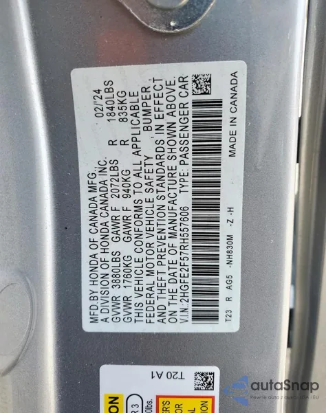 2024 Honda Civic Sport z USA, uszkodzony, nr VIN 2HGFE2F57RH557606